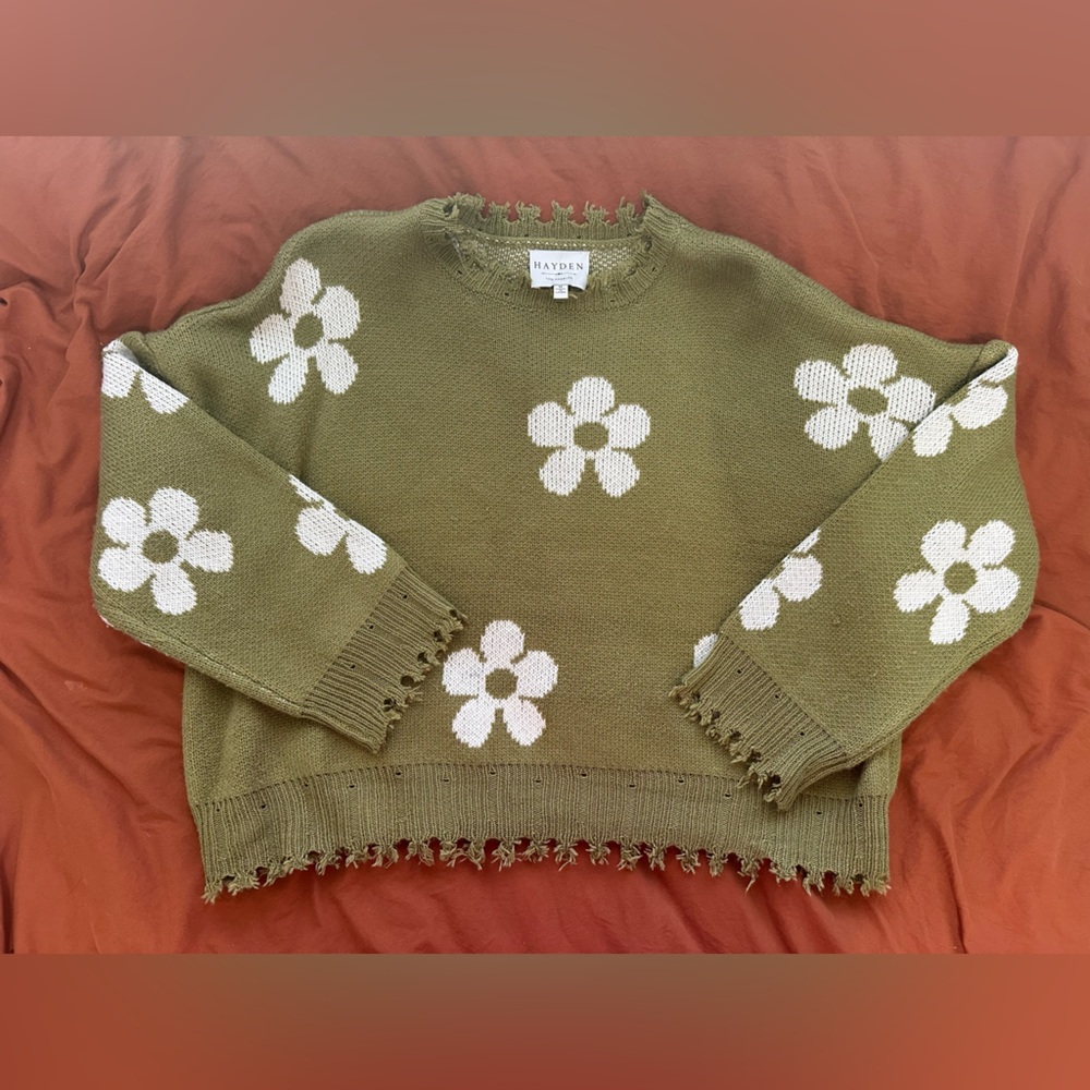 Hayden Green and White Floral Crew Neck Sweater